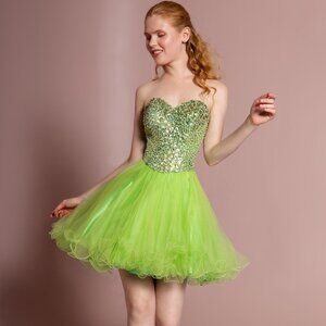 NEW SHORT SLEEVELESS TULLE DRESS EMBROIDERED WITH RHINESTONES & PEARLS GS2034